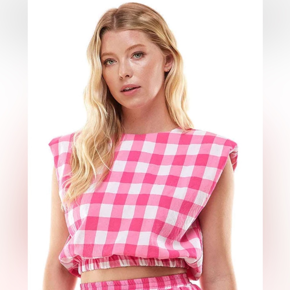 TCEC magenta gingham cropped top with shoulder pads